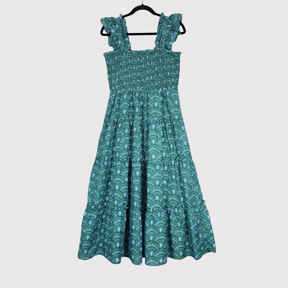 J Marie Midi Dress Green Floral Square Neck Ruffle Smocked Tiered A Line Medium